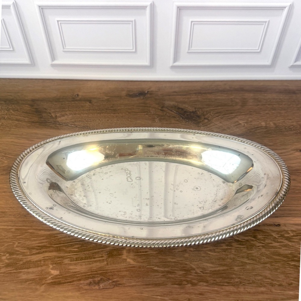 VTG WM Rogers 12" x 7" Silver Plated Oval Serving Bread Plate Tray Rope Edge